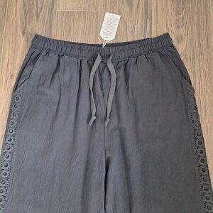 NWT Wide Leg Lounge Pants Elastic Waist Pockets Trim Embroidery Size XLBoho Athl